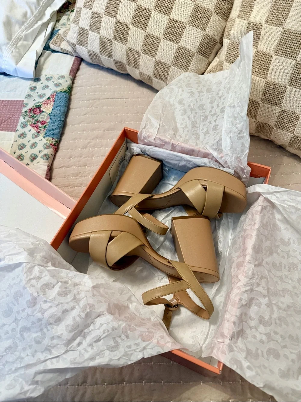 Platform Block Heel Sandals in Beige